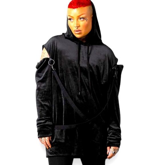 Black Velvet Long Sleeve Zipper Harness Hooded Pullover Hoodie Killstar NEW - Picture 2 of 4